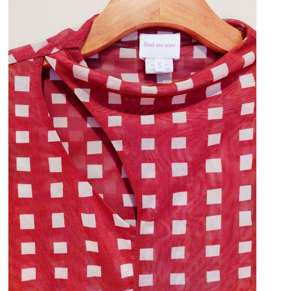 Find Me Now Chic Red Checkered Mesh Cutout Mock Neck Long Sleeve Y2KTop Small - Picture 2 of 5